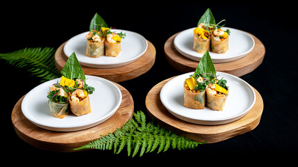 4 mini spring rolls with shrimp and yellow vegetables on white plates, each sitting on wooden platter isolated against black background