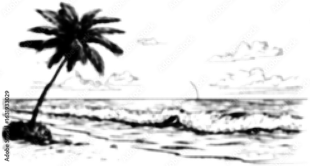 Poster black and white sketch of a beach with palm trees and waves in a retro style