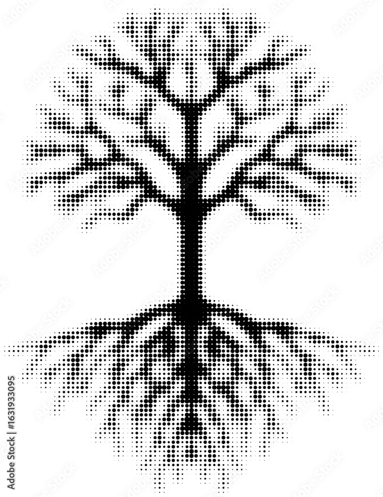 Poster halftone black tree with roots in an abstract dot style