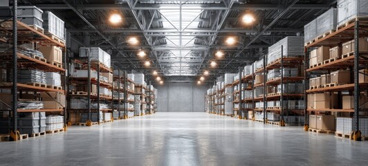 The spacious warehouse filled with organized shelving and ample lighting.