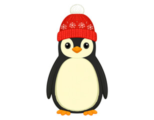 Obraz premium Cartoon Penguin Wearing Red Winter Hat, Standing Front View, Transparent Background