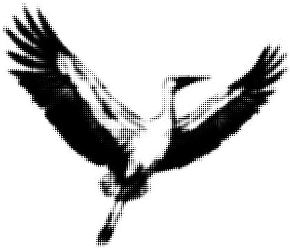 Black and white halftone illustration of a stork in flight, artistic design