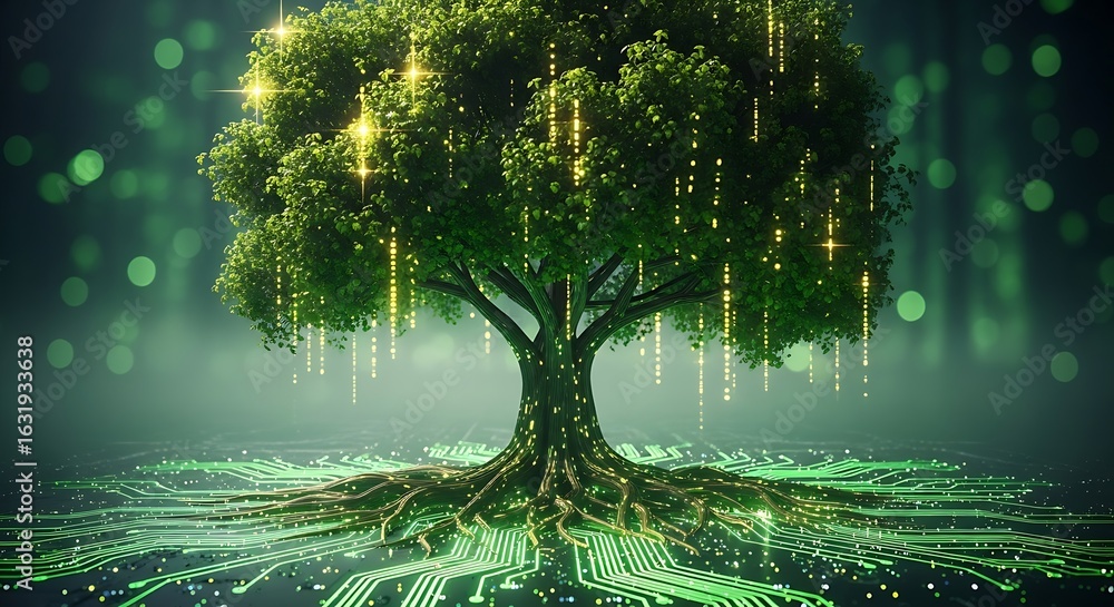 Aufkleber a vibrant green tree with glowing golden data streams flowing from its branches and roots forming a 