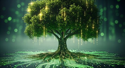 A vibrant green tree with glowing golden data streams flowing from its branches and roots forming a digital circuit board