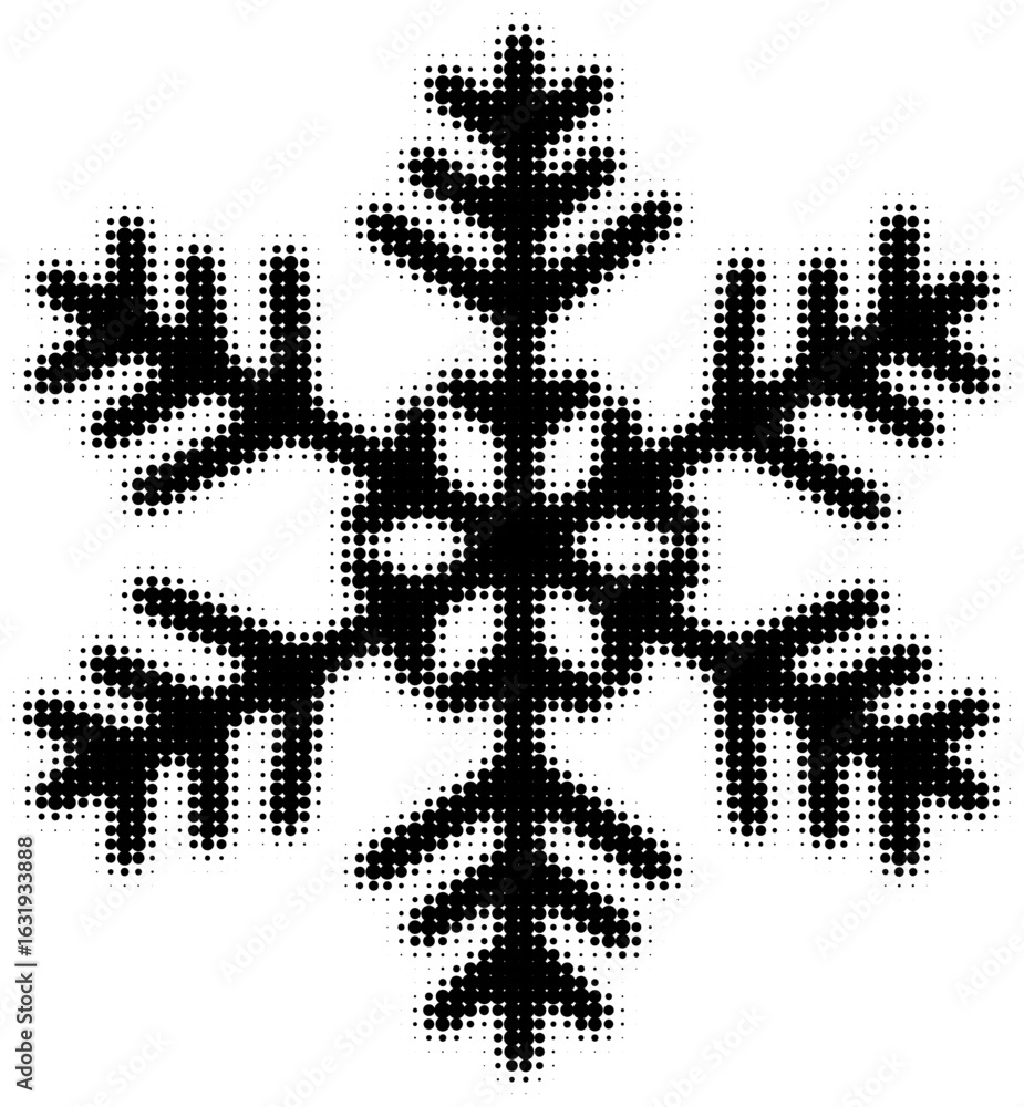 Poster Black and white halftone snowflake design with intricate symmetrical patterns
