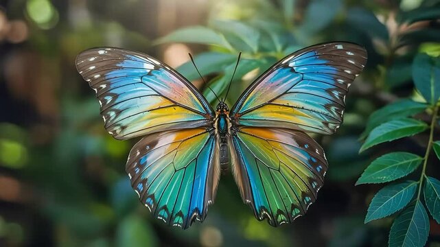 A stunning butterfly with iridescent blue, yellow, and green wings gently flaps while resting among lush green leaves