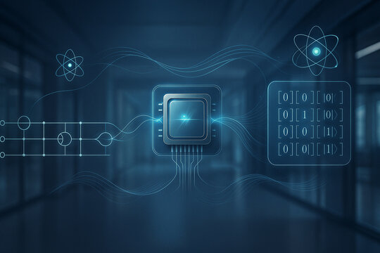 Quantum Computing: Futuristic Microchip, Binary Code, Atomic Structure, Abstract Network Design, Deep Blue Tech