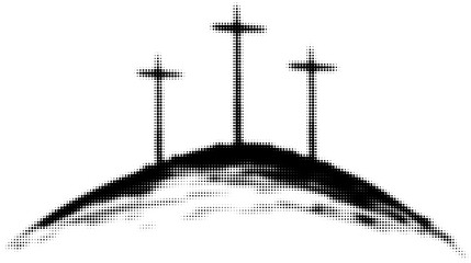 Three crosses on a hill in monochrome halftone style illustration