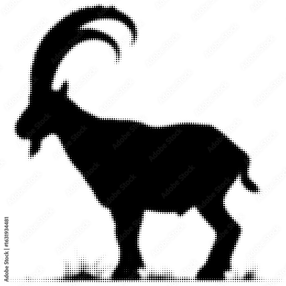 Poster silhouette of a goat with large curved horns in dot style design