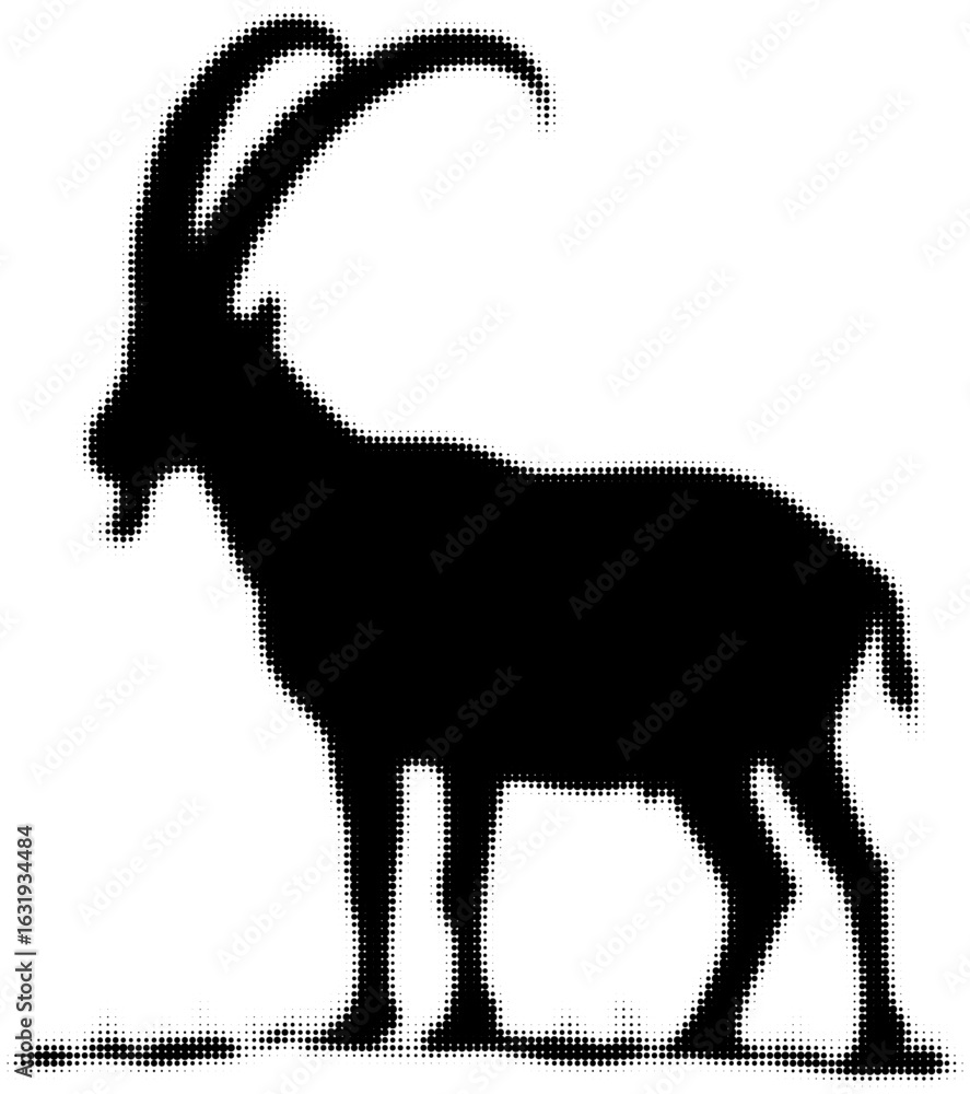 Poster silhouette of an ibex with long horns in halftone style