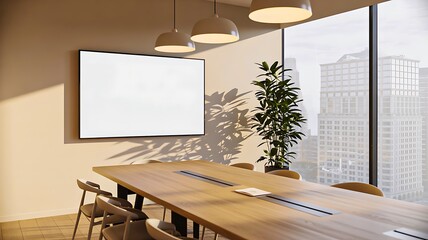 Bright modern conference room with large screen and city-view windows
