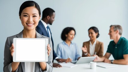 Smiling Asian businesswoman holding blank digital tablet screen with diverse team in background. Corporate presentation, workplace tech and office collaboration concept. - Powered by Adobe