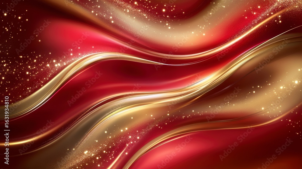 Aufkleber abstract red and gold swirling waves with sparkling particles.