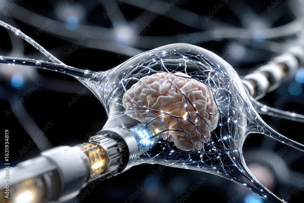 Poster visual representation of neural connections and the human brain in a futuristic setting