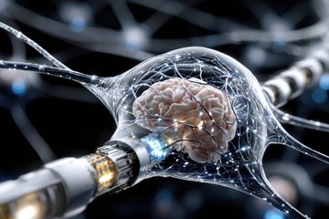 Visual representation of neural connections and the human brain in a futuristic setting