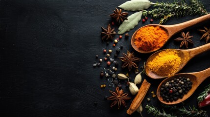 Wooden spoons filled with colorful spices and herbs arranged on a dark surface.