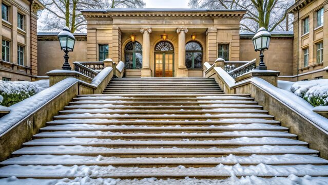 Snow-covered stone steps leading up to a grand entrance of an Art museum in Winterthur