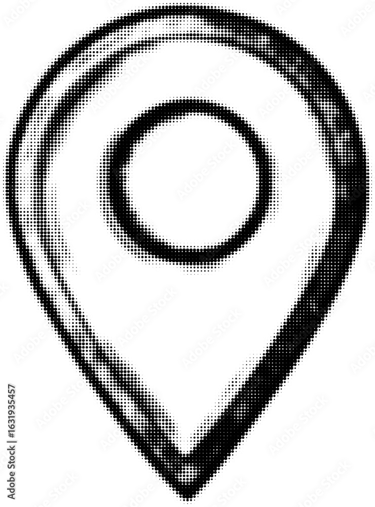 Poster black and white halftone map pin symbol with circular patterns