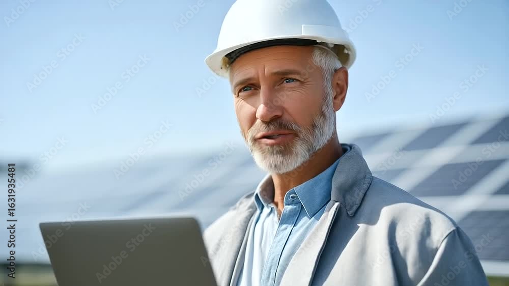 Poster experienced supervisor evaluating solar panel performance using a laptop.