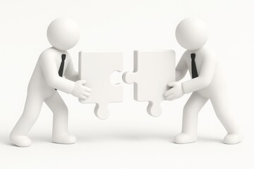 3D Business Figures Demonstrating Teamwork by Connecting Puzzle Pieces