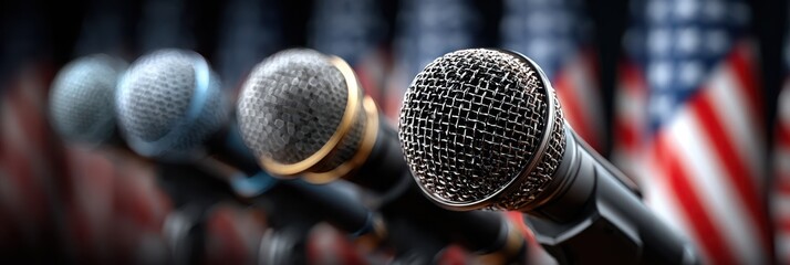 Various microphones positioned in front of American flags for a public speaking event in a conference hall