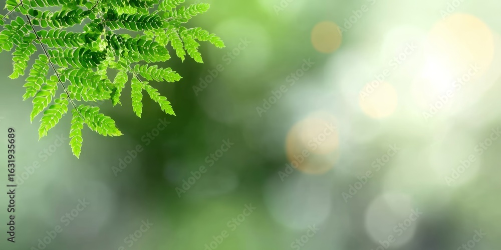 Poster green leaves with soft bokeh background and sunlight flares creating a natural abstract effect
