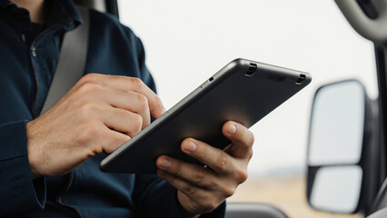 Truck driver checking route on tablet 