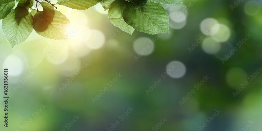 Poster abstract blurred texture background featuring green leaf with bokeh and glowing white light effect