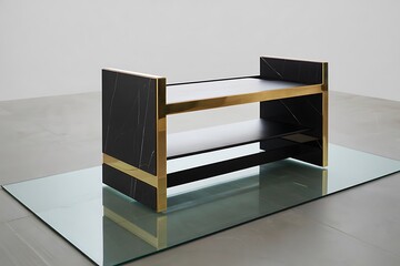 Modern minimalist bench with gold accents on a reflective surface