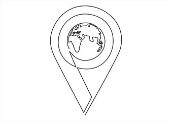 Location map pin pointer with Earth globe inside. Navigation, business, education and travel concept.  Art. line icon-continuous line drawing. Editable stroke. 