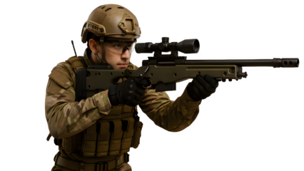 Photorealistic Soldier Holding AWM Sniper Rifle – Tactical Cutout PNG with Transparent Background
