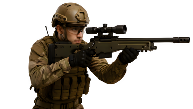Photorealistic Soldier Holding AWM Sniper Rifle – Tactical Cutout PNG with Transparent Background