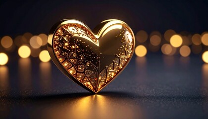 Shiny Golden Heart with Sparkling Light Bokeh Background