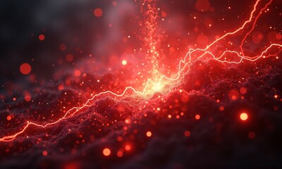 Obraz premium A vibrant explosion of crimson energy and glowing sparks ignites the darkness, creating a mesmerizing, fiery spectacle.