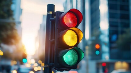 Close-up of a traffic light on a city street, symbolizing urban traffic regulation and order, representing transportation safety and city infrastructure concepts