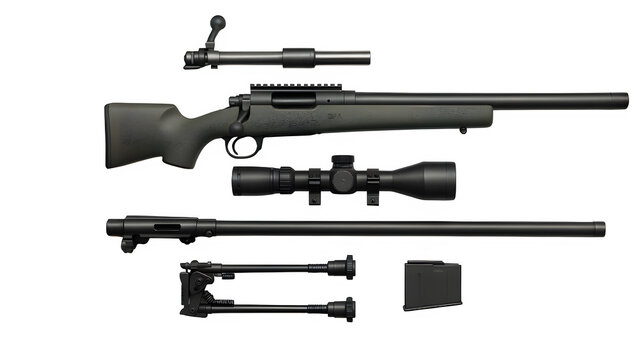 Disassembled M24 Sniper Rifle Top-Down Technical Layout &ndash; Transparent PNG