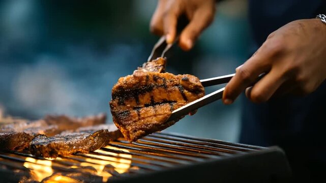 Expert grill master expertly turning juicy cuts of meat over an open flame.