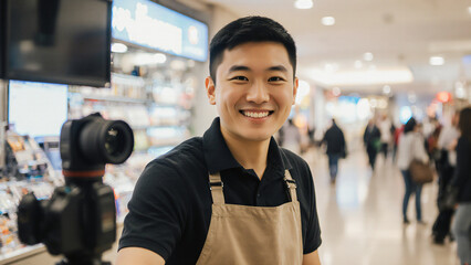 Mall kiosk worker smiling at camera 