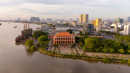 Aerial view of early morning at Nha Rong wharf and Bach Dang harbor in Ho Chi Minh City, Vietnam