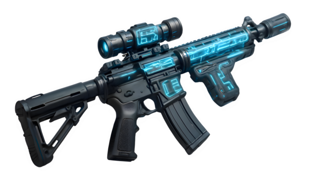 Futuristic Cyberpunk M4 Rifle with Glowing Blue Circuitry – Transparent 3D Render PNG