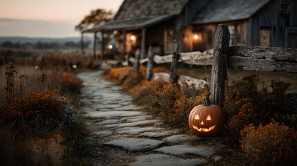 Jack-o-Lantern Glowing Beside a Rustic Wooden Fence
