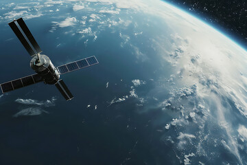 Obraz premium 上空から見たリアルな人工衛星と地球の景色（宇宙技術）