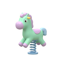 A light green, cartoon-style jumping horse toy, with pastel colors and a spring mechanism. isolated on a transparent background, png, cutout