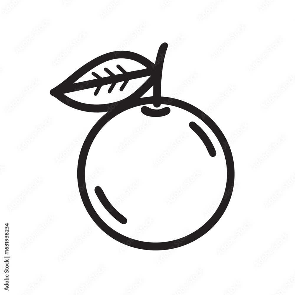 Poster a simple line drawing of an orange with a leaf attached.