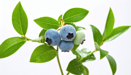 Blueberry plant isolated on white background, high-resolution image showing fresh blueberry branches with green leaves and ripe berries, clean studio lighting, minimal shadows, perfect for gardening a