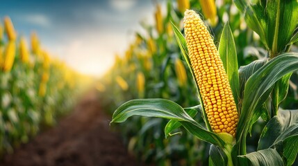 Ripe corn cob in a vibrant field.