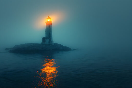 Lighthouse glowing softly through fog on night sea
