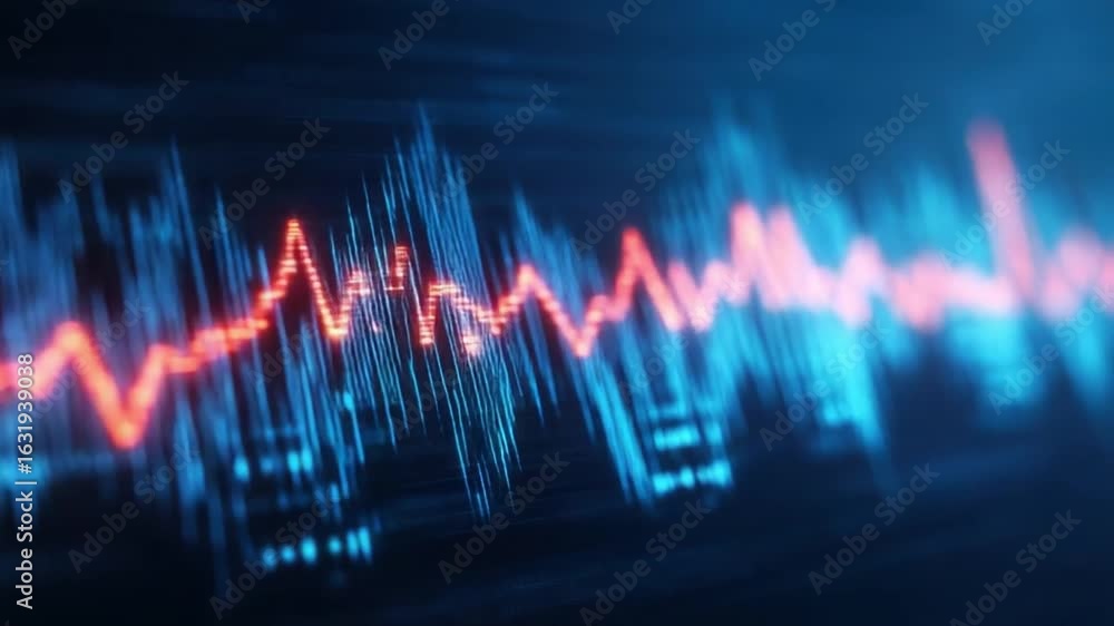 Aufkleber dynamic red digital waveform displaying fluctuating peaks against a backdrop of blue light trails