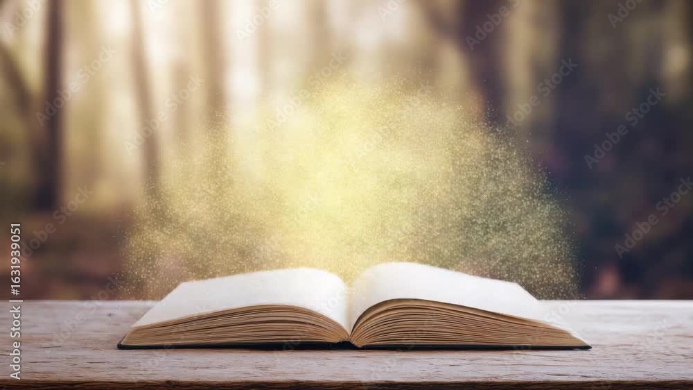 Poster An open book with white pages rests on a wooden table emitting golden sparkles against a blurred forest