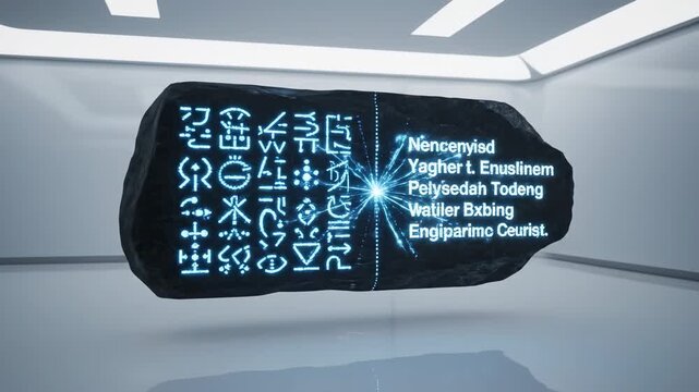 Futuristic Discovery: Mysterious Alien Stone Tablet with Glowing Glyphs Translates Extraterrestrial Language in Advanced Sci-Fi Lab